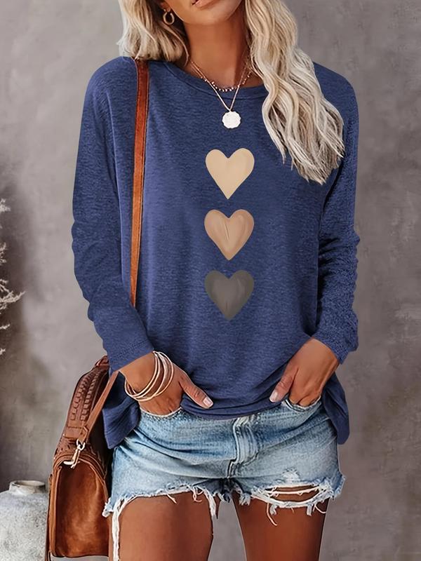 Women's Heart Print Round Neck T-shirt, Casual Long Sleeve Crew Neck T-shirt for Spring & Fall, Fashion Women's Top for Daily Wear