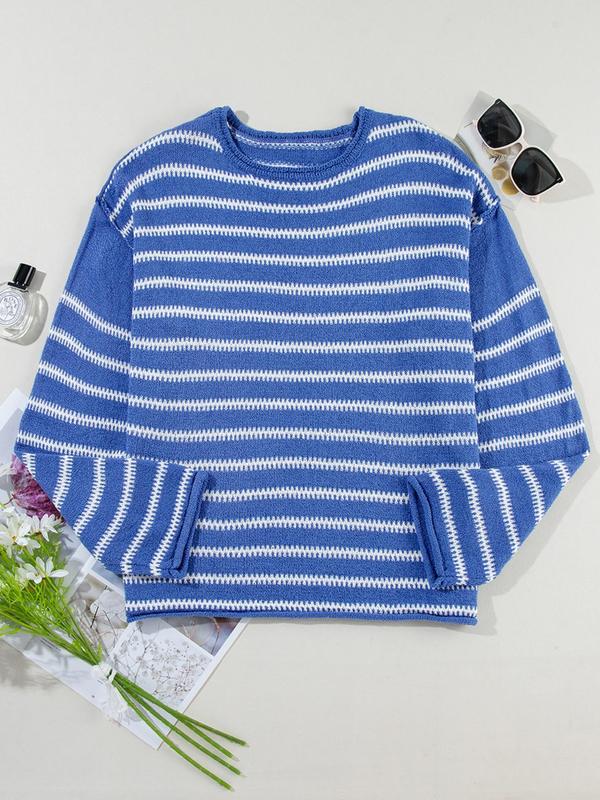 Women's Striped Print Drop Shoulder Sweater, Casual Top Stitching Long Sleeve Round Neck Jumper for Spring & Fall, Fashion Women's Knitwear for Daily Wear