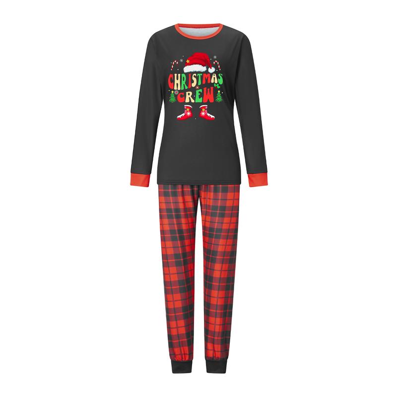 Matching Christmas Pajamas For Family Letter Santa Hat Print Long Sleeve Tops and Plaid Pants Sleepwear