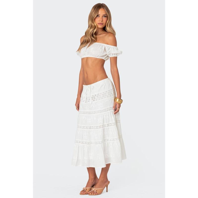 Tiered Cotton Lace Midi Skirt