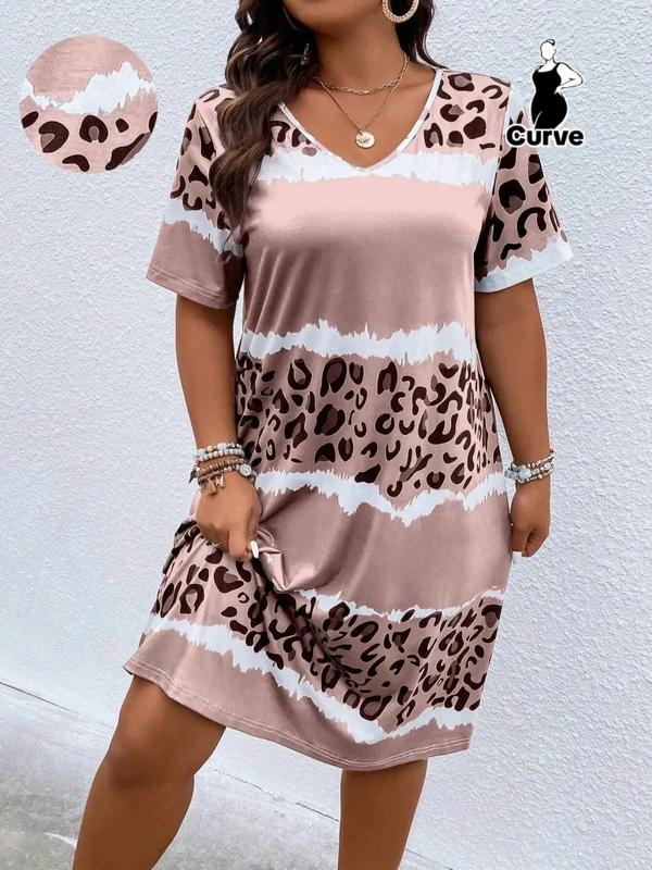 Plus Size Patchwork Leopard Print V Neck Nightdress, Casual Short Sleeve Sleep Dress for Women, Women's Sleepwear for All Seasons, Dresses for Women