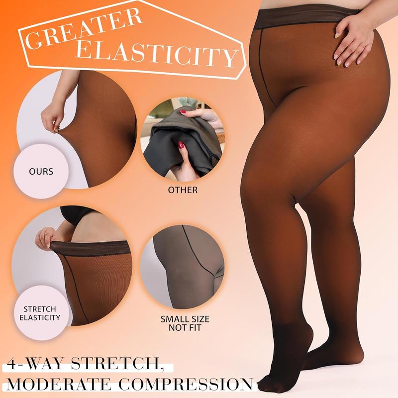 Plus Size Fleece Lined Tights for Women, Fake Translucent Warm Winter Leggings, Control Top Thermal Tights