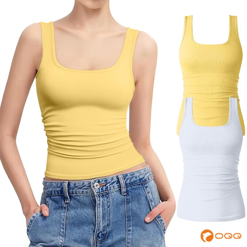 OQQ Women's 2 Piece Square Neck Sleeveless Basic Comfort Tank Tops Underwear Basic Stretch Ruched Yoga Minimalist Casual Tank Tops Womenswear Lady