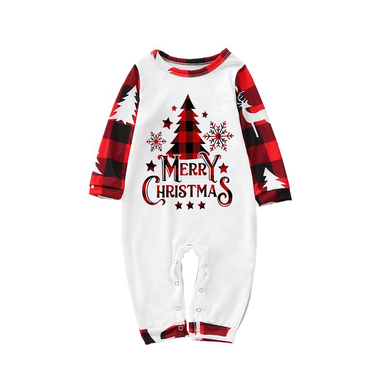 Matching Christmas Pajamas For Family, Long Sleeve Round Neck Tree Print Tops+ Trousers Suit  Infants Romper Clothing Womenswear