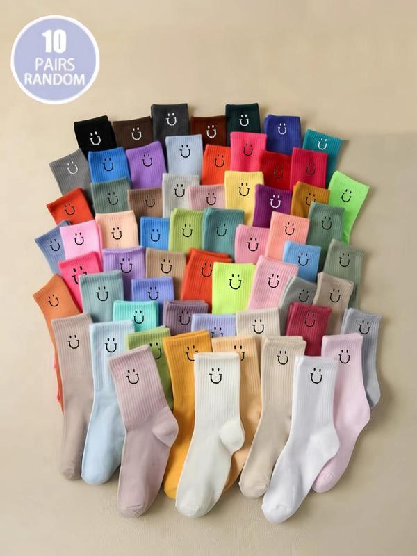 Random Color Women's Smile Face Print Mid-calf Socks, Casual Comfortable Breathable Socks for Daily Wear, Women's Socks for All Seasons