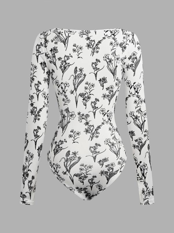 YOZY Black Friday Deals, Women's Floral Print Ruched Corset Ribbed Bodysuit, Snap Button Closure Crotch Long Sleeve Square Neck Bodysuit for Fall, Women's Clothes for Daily Wear, Christmas 2024 Trend, Thanksgiving Clothes, Fall Clothes, Winter Clothes