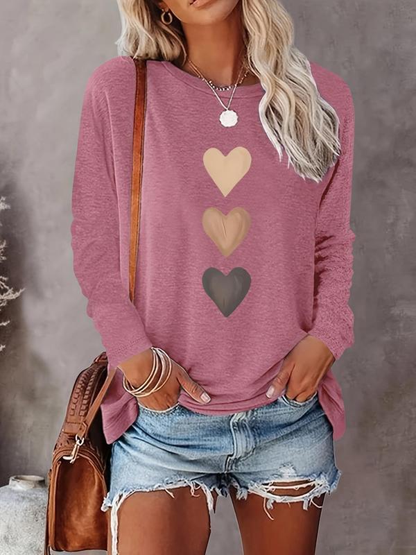 Women's Heart Print Round Neck T-shirt, Casual Long Sleeve Crew Neck T-shirt for Spring & Fall, Fashion Women's Top for Daily Wear