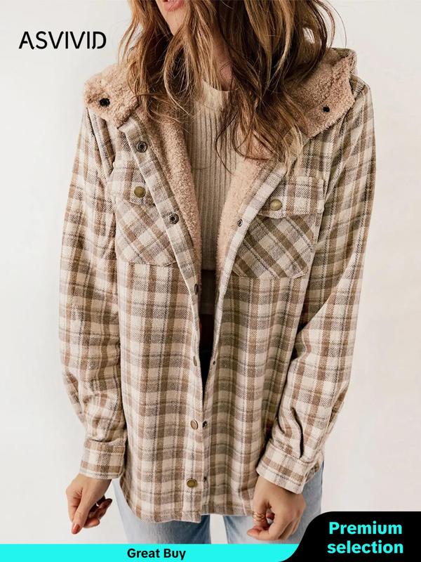 Women's Plaid Print Button Front Hooded Coat, Casual Mufti Clothes, Long Sleeve Pocket Coat for Fall, Ladies Outerwear for Daily Wear, Fall Outfits