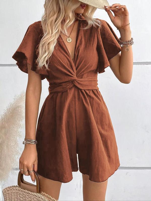 Women's Twist Butterfly Sleeve Romper, Casual V Neck Wide Leg Jumpsuit,  Rompers for Women, Ladies Summer Clothes for Daily Wear