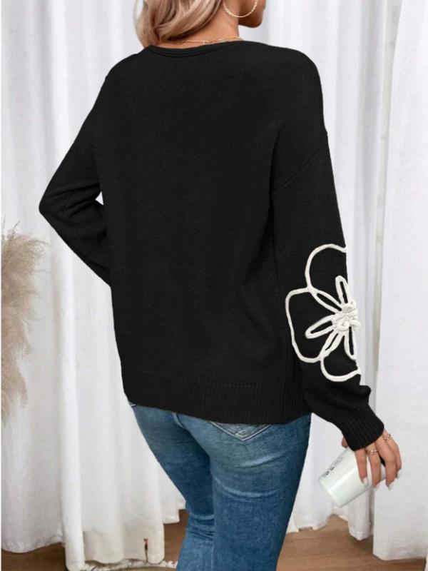  Floral Design Sweater, Casual Long Sleeve V Neck Jumper for Fall & Winter, Women's Plus Clothing for Daily Wear