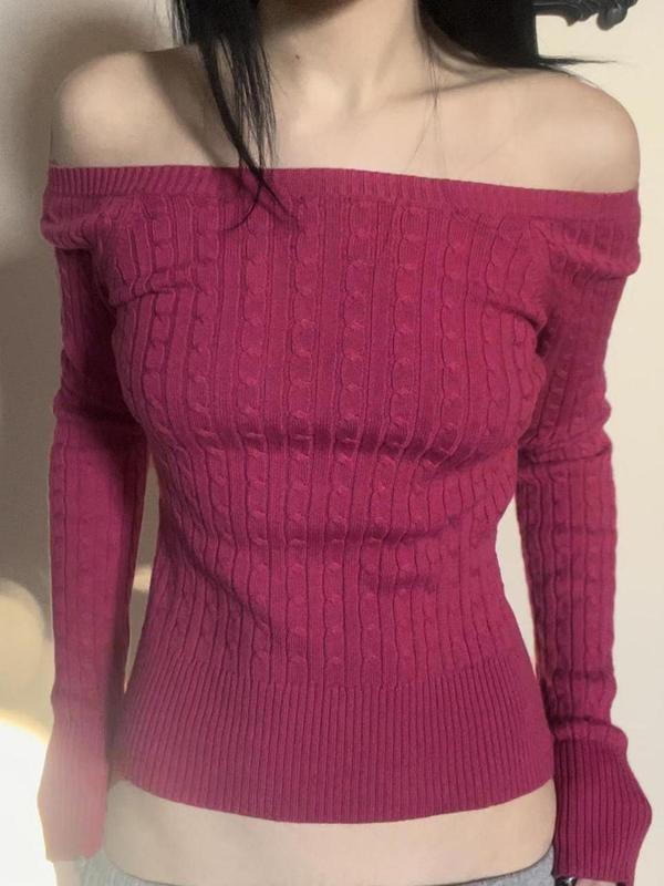 Women's Solid Off Shoulder Cable Knit Sweater, Casual Long Sleeve Jumper for Fall & Winter, Fashion Ladies' Knitwear for Daily Wear