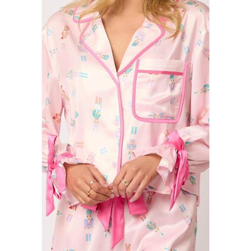 Christmas Pajamas for Women Bow Tie Long Sleeve Shirt Pants Satin Silk Funny Graphic 2 Piece Pjs Set Sleepwear Loungewear Pajama Set