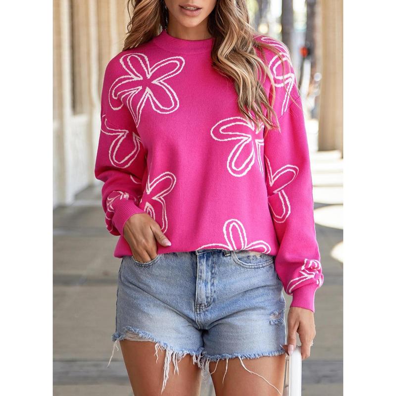 Dokotoo Sweaters for Women Casual Crewneck Long Sleeve Floral Print Cable Knit Pullover Sweater Tops