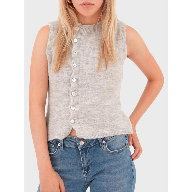 Women's Summer Knit Tank Tops Solid Color Sleeveless Round Neck Front Button Slim Sweater Vest Streetwear