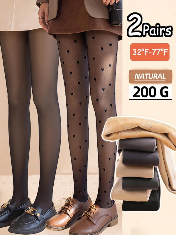 Women's Plain & Heart Polka Dot Print Thermal Lined Tights, Casual Comfy Warm Pantyhose for Fall & Winter, Women's Tights for Daily Wear