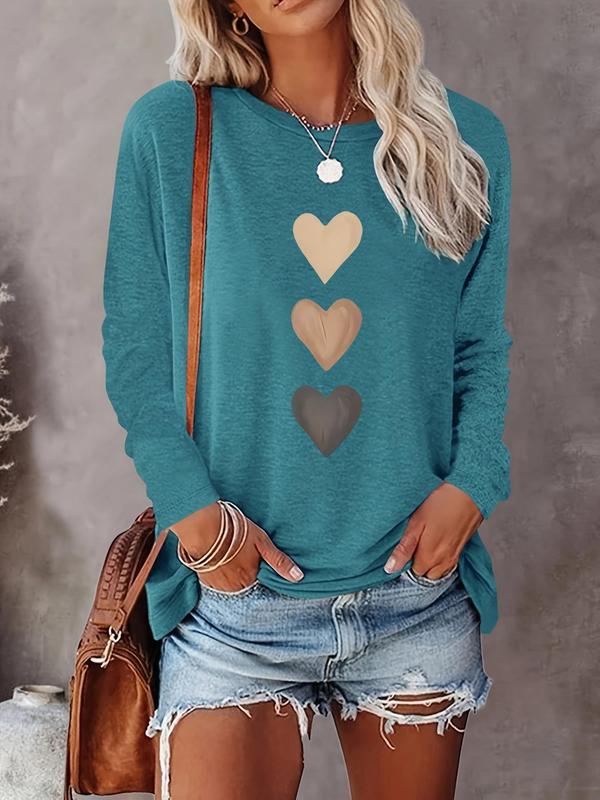 Women's Heart Print Round Neck T-shirt, Casual Long Sleeve Crew Neck T-shirt for Spring & Fall, Fashion Women's Top for Daily Wear