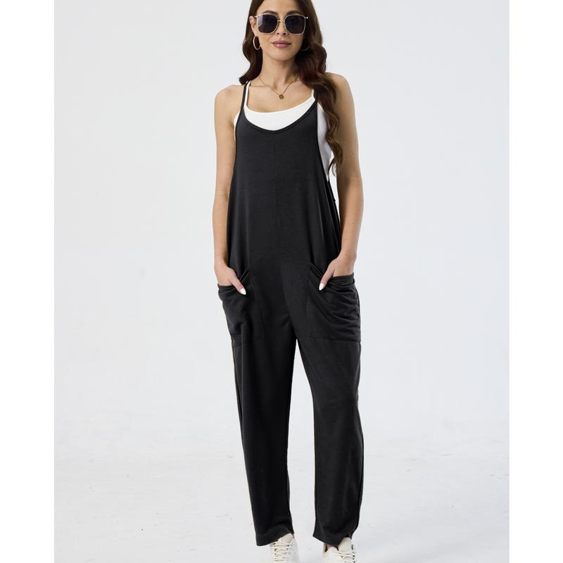 Hixiaohe Women's Casual V Neck Sleeveless Jumpsuits Baggy Straps Harem Long Pants Overalls With Pockets