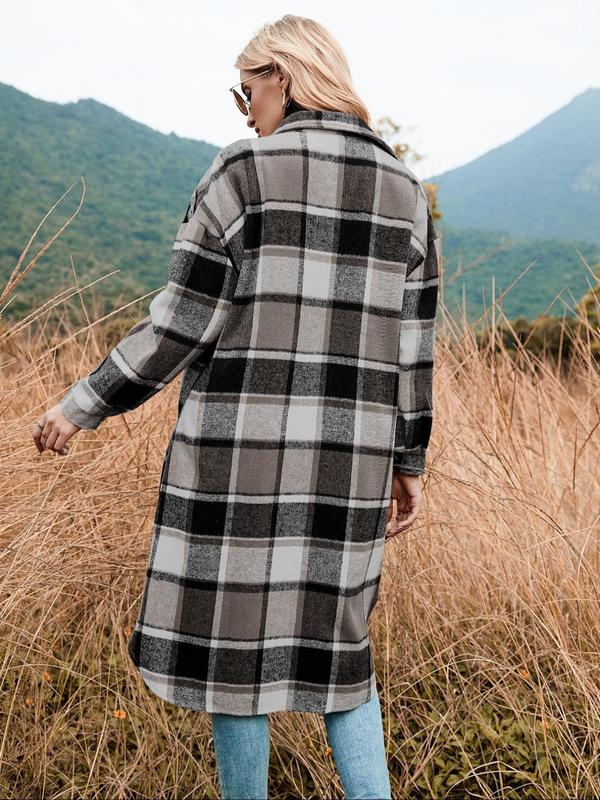 Women's Plaid Print Button Front Split Side Coat, Casual Comfy Long Sleeve Collared Outerwear for Fall & Winter, Ladies Clothes for Daily Wear