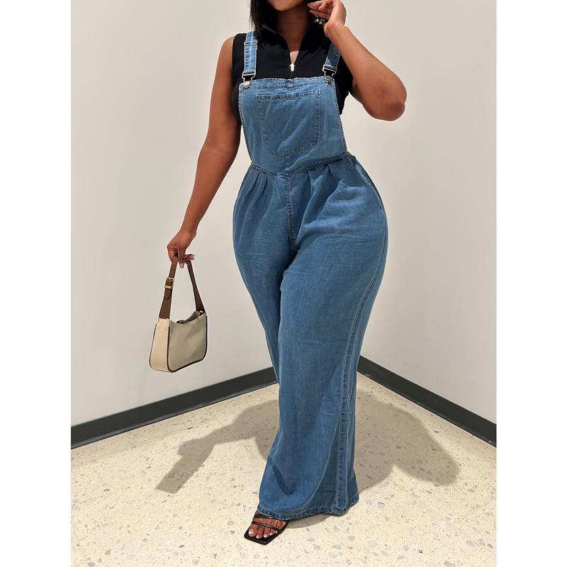 Women Fashion Denim Cargo Pants, Casual Wide Leg Jumpsuit, Adjustable Straps Sleeveless Jeans, Women Street Style Cargo Pants