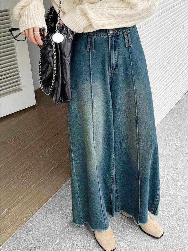 Women's Denim-effect Print Raw Hem Button Zipper Fly Straight Leg Pants, Casual Comfy Loose Natural Waist Trousers for Daily Wear, Ladies Bottoms for All Seasons, Pants for Women