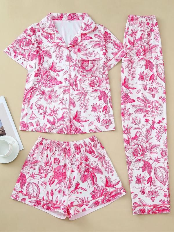 Three-Piece Set Women's Floral Print Button Front Pocket Blouse & Elastic Waist Shorts & Contrast Binding Pants Pyjama Set, Fall Casual Comfy Breathable Three-piece PJ Set for Daily Wear Back To School, Ladies Sleepwear for Fall