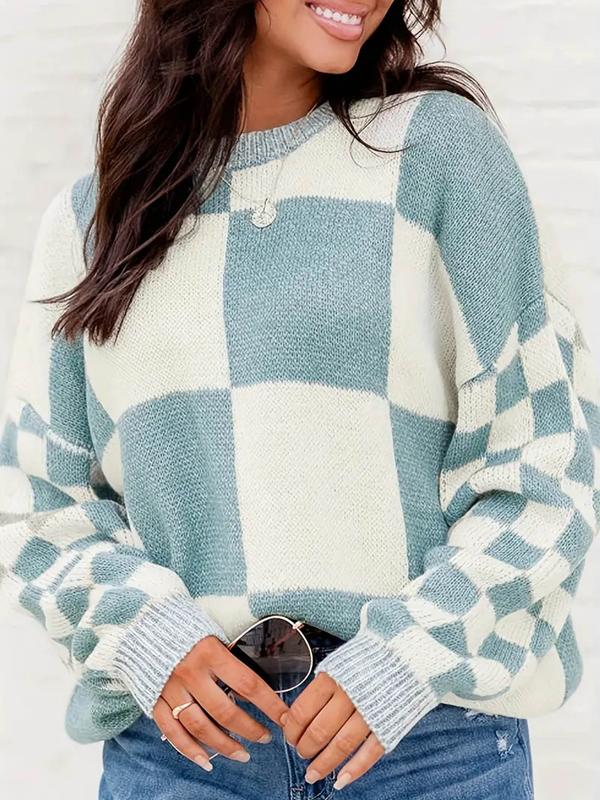 Women's Plaid Print Drop Shoulder Sweater, Casual Long Sleeve Round Neck Jumper for Fall & Winter, Fall Clothing Women, Going Out Tops, Fashion Ladies' Knitwear for Daily Wear