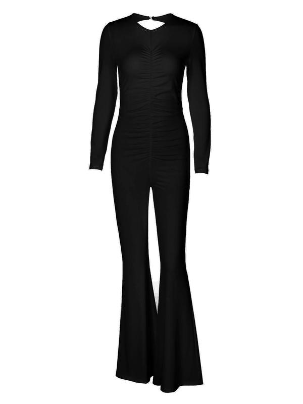 Women's Solid Backless Ruched Jumpsuit, Elegant Fashion Long Sleeve Round Neck Jumpsuit for Party Club Dating Wear, Women Jumpsuit for Spring & Fall