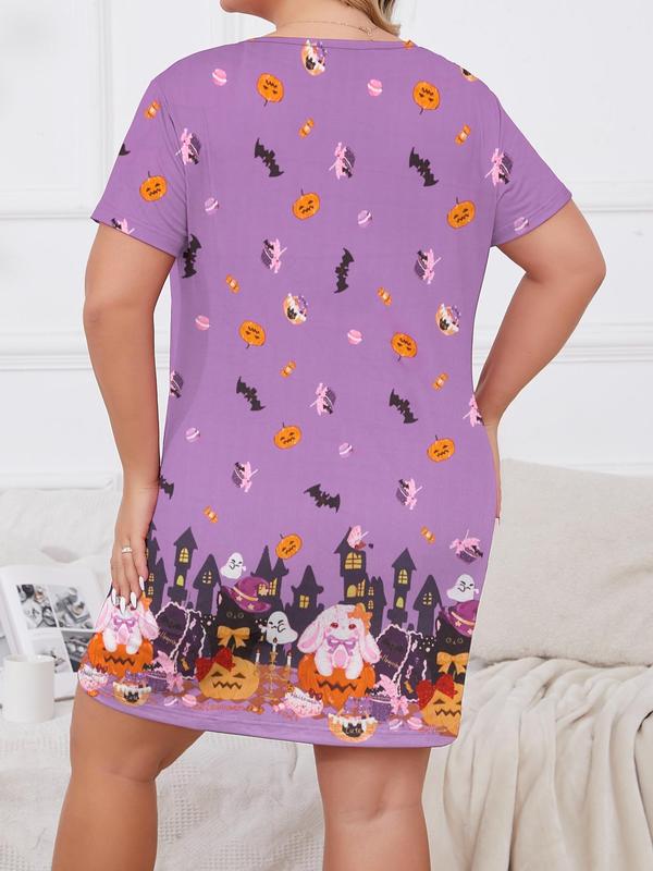 Cartoon Pumpkin & Bat Print Drop Shoulder Nightdress, Casual Comfy Halloween Short Sleeve Round Neck Nightgown for Women, Women's Sleepwear for All Seasons