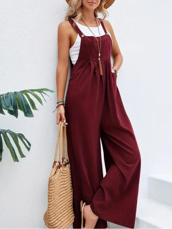 Women's Solid Button Plicated Wide Leg Jumpsuit without Inner Top & Necklace, Fashion Casual Sleeveless Pocket Jumpsuit for Daily Outdoor Wear, Ladies Clothes for All Seasons