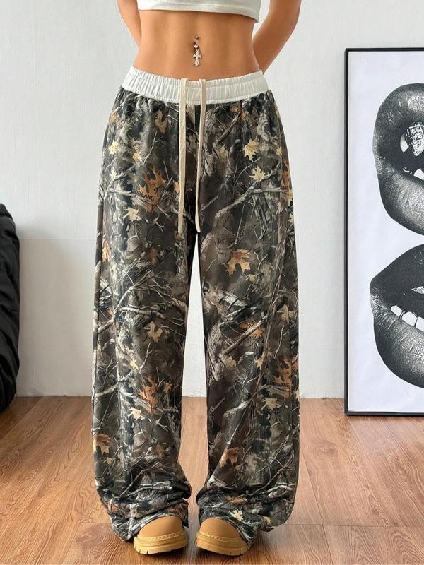 Women's Camo Print Drawstring Waist Wide Leg Pants, Casual Comfy Trousers for Daily Wear, Ladies Bottoms for Fall & Winter