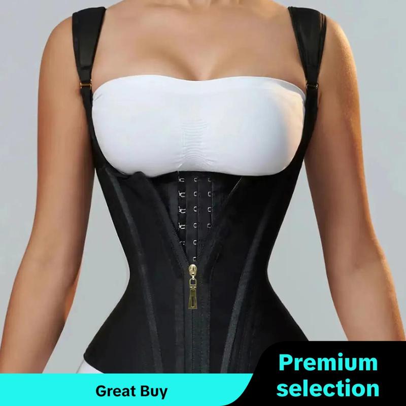 Sporty Women's Solid Color Zipper Open Bust Sports Waist Trainer Shapewear, Adjustable Hook & Eye Front Waist Cincher, Sports Tummy Control Compression Shaper, Workout Accessories