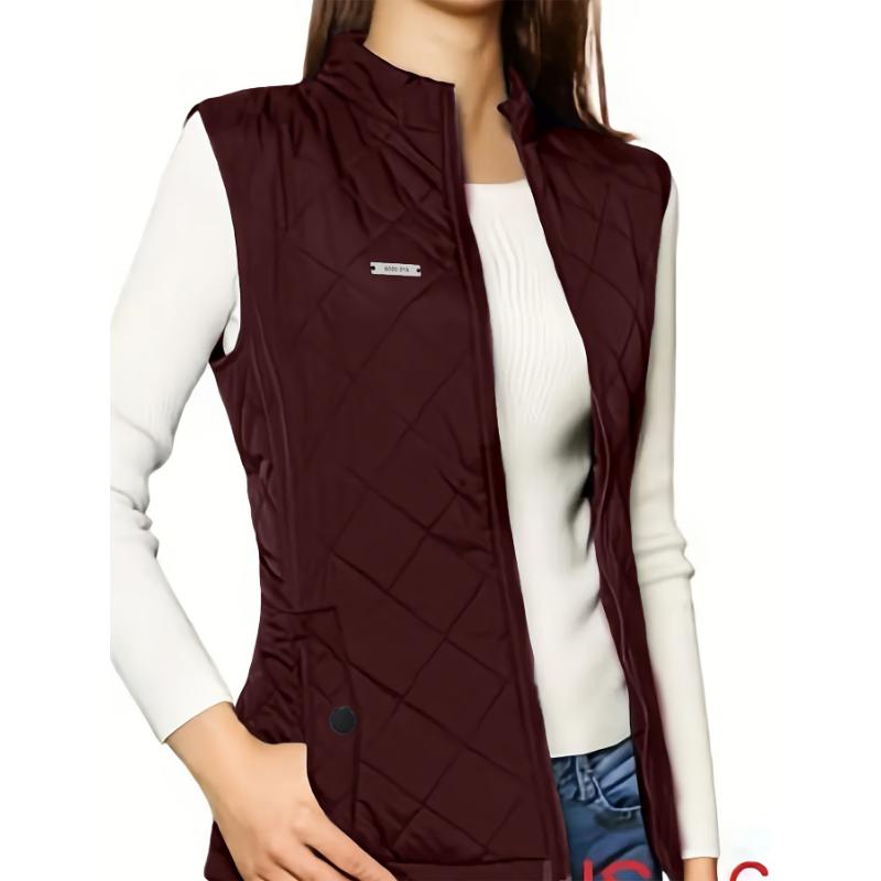 Quilted Puffy Vest for Fall & Winter, Zip-up Sleeveless Lapel Patch Vest with Pockets, Women's Casual Clothing