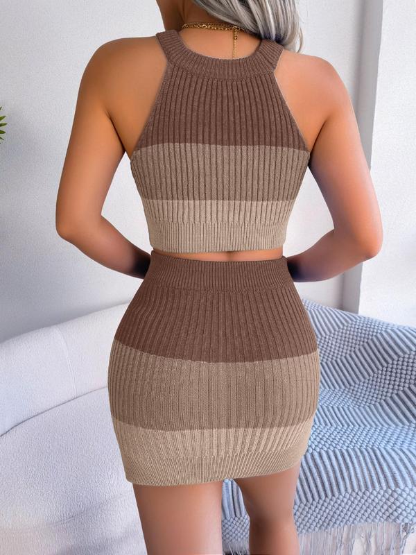 Women's Colorblock Striped Print Crop Tank Top & Textured High Waist Skirt Matching Sweater Co-ord Set, Summer Clothes for Women, Ribbed Sleeveless Top & Bodycon Skirt for Summer, Comfy Vactaion Sets, Womenswear, Summer Outfits 2024 for Women