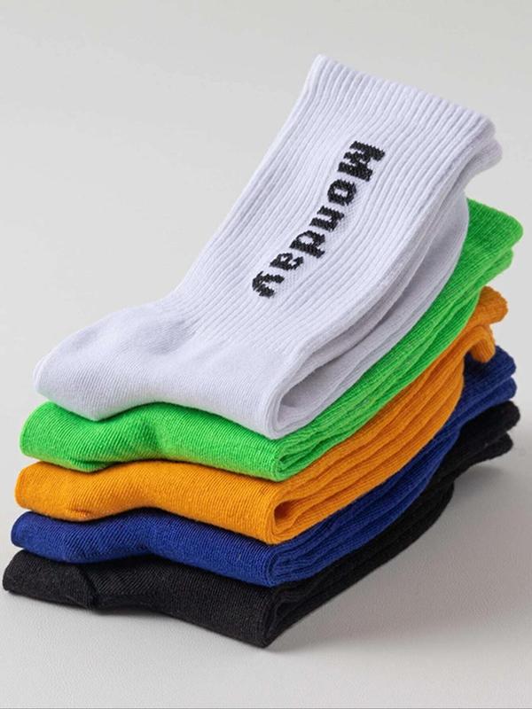 Women's 5 Pairs Letter Print Mid-calf Socks, Athletic Running Socks, Soft Comfort Breathable Socks for Women, Mixed Color Mid Tube Socks, Multipack Ribbed Knit Crew Socks, Women's Socks & Hosiery