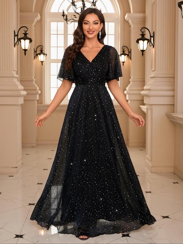 Vintage Women's Glitter Butterfly Sleeve Wrap V Neck Evening Dress, Elegant Formal Wear, Short Sleeve A Line Maxi Dress for Party Banquet Prom, Ladies's Clothes for All Seasons