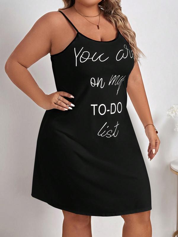 Plus Slogan Graphic Contrast Binding Cami Pajama Nightdress lady loungewear