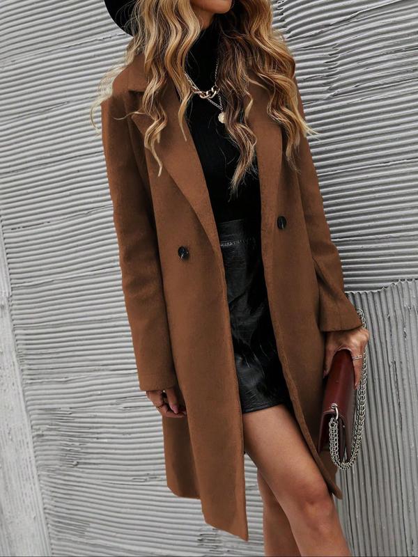 Women's Solid Double Button Pocket Lapel Overcoat, Casual Long Sleeve Coat for Fall & Winter, Women's Clothing for Daily Wear