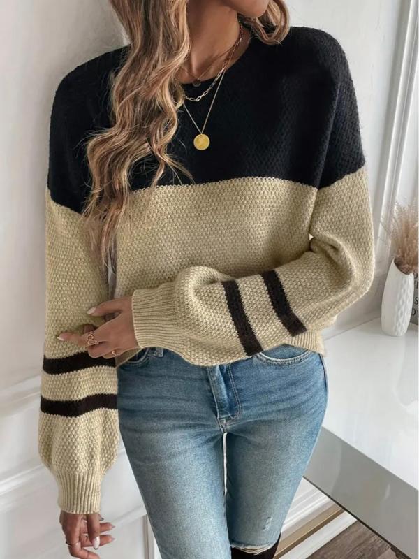 Women's Patchwork Lantern Sleeve Sweater, Casual Long Sleeve Round Neck Jumper for Fall & Winter, Fall Outfits, Fashion Women's Knitwear for Daily Wear, Sweaters for Women, Fall Sweaters, Fall Outfits, Fallfreshness