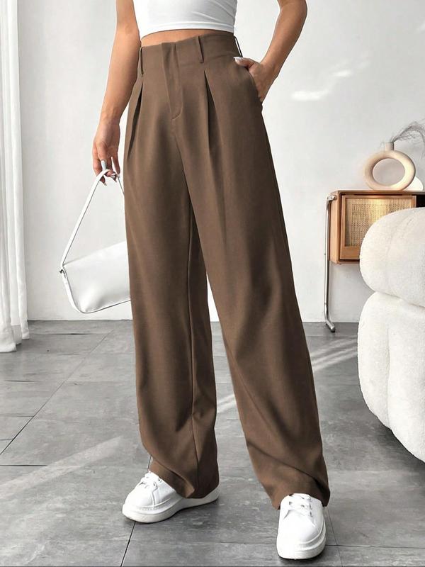 Women's Solid Plicated Pocket Straight Leg Pants, Casual Comfy Trousers for Daily Wear, Ladies Bottoms for Fall & Winter