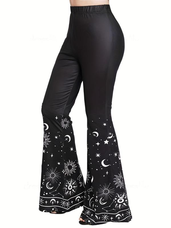 Women's Star & Moon Print High Waist Flare Leg Pants, Casual Comfort Elastic Waist Bell Bottom Trousers for Daily Outdoor Wear, Comfort Womenswear, Lady Bottoms for All Seasons