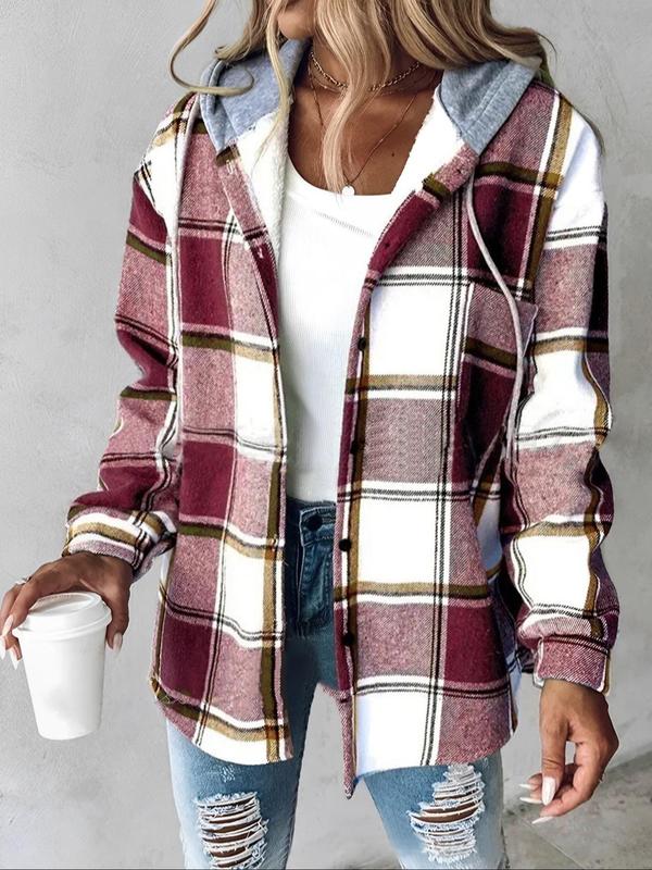 Women's Plaid Button Front Drop Shoulder Hooded Jacket, Casual Tops, Long Sleeve Drawstring Pocket Outerwear for Daily Wear, Winter Clothes Women 2024, Ladies Clothes for All Seasons