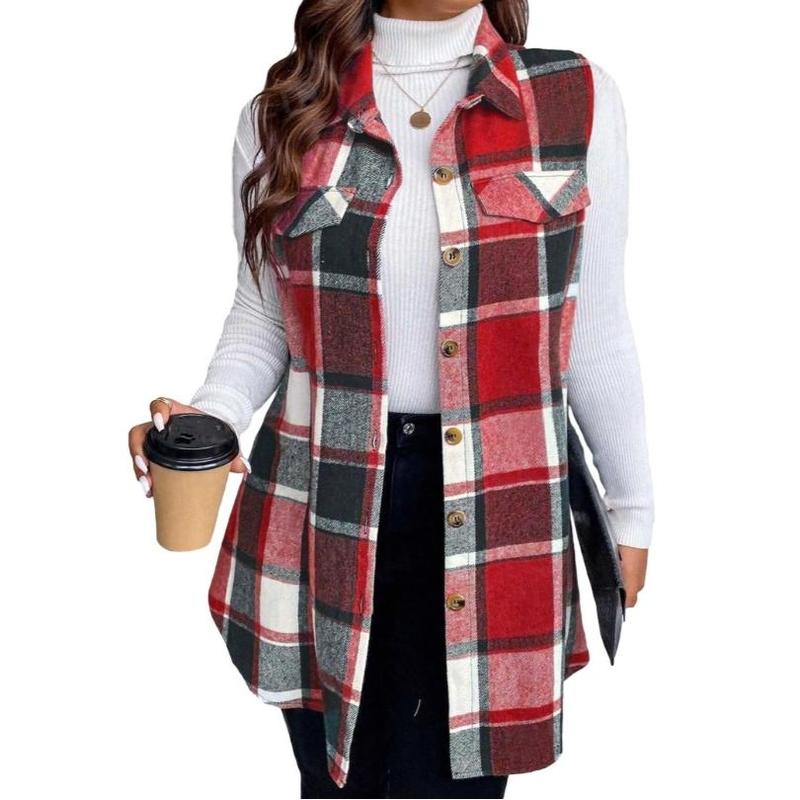 Autumn and Winter New Women's Clothing Fashion Plaid Sleeveless Lapel Side Pocket Shirt Vest Womenswear Tops