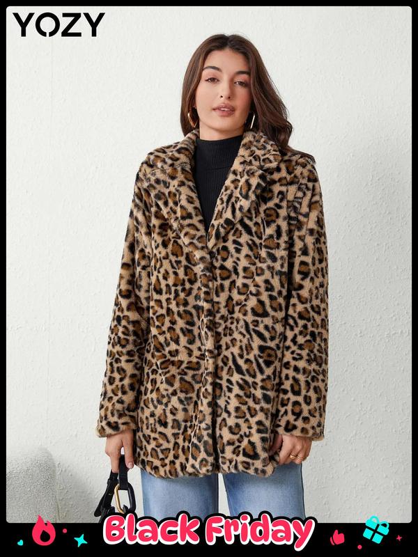 YOZY Women's Leopard Print Button Front Lapel Neck Coat Jackets, Elegant Long Sleeve Outerwear for Fall & Winter, Ladies Clothes for Daily， Black Friday Haul Wear