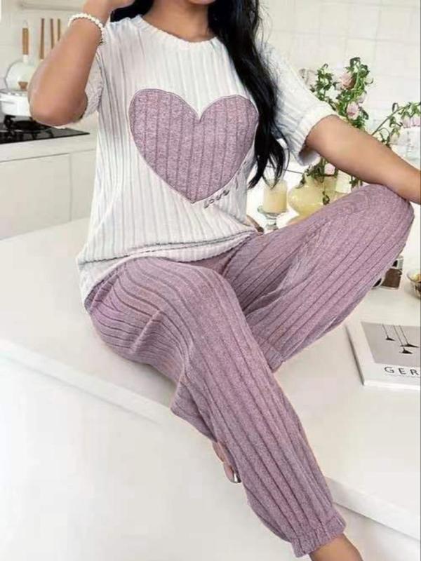 Two-Piece Set Women's Heart Print Tee & Pants Pyjama, Casual Comfy Round Neck Short Sleeve T-shirt & Trousers PJ Set, Ladies Sleepwear for All Seasons