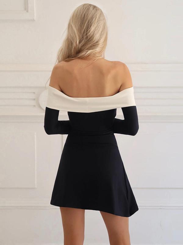 Women's Colorblock Off Shoulder A Line  Dress, Elegant Fashion Long Sleeve Short Dress for Party Club Holiday, Women Dress for Spring Fall