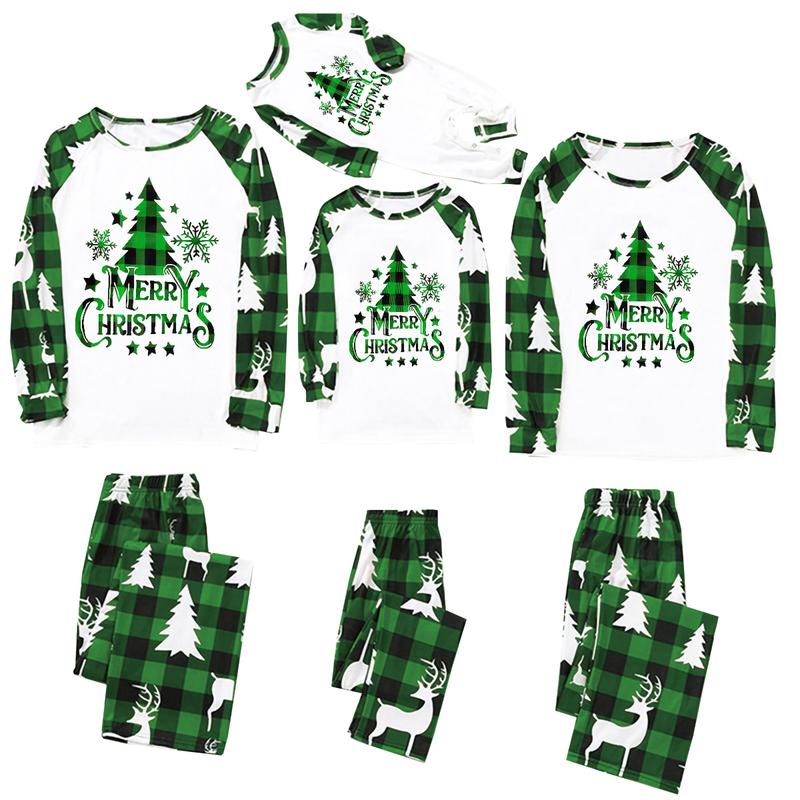 Matching Christmas Pajamas For Family, Long Sleeve Round Neck Tree Print Tops+ Trousers Suit  Infants Romper Clothing Womenswear