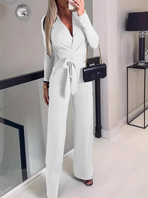 Women's Plain Wrap Straight Leg Jumpsuit, Trendy Belted V Neck Jumpsuit for Summer, Chic One-piece Outfits for Lady Spring & Fall Work Office Wear