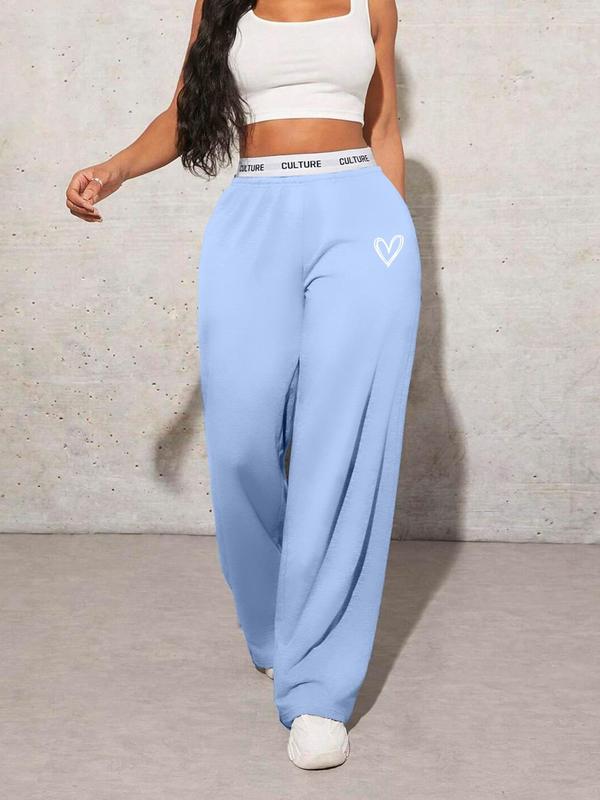 Women's Heart Print Pocket Wide Leg Sweatpants, Casual Comfy High Waist Letter Tape Trousers for Daily Wear, Ladies Bottoms for All Seasons