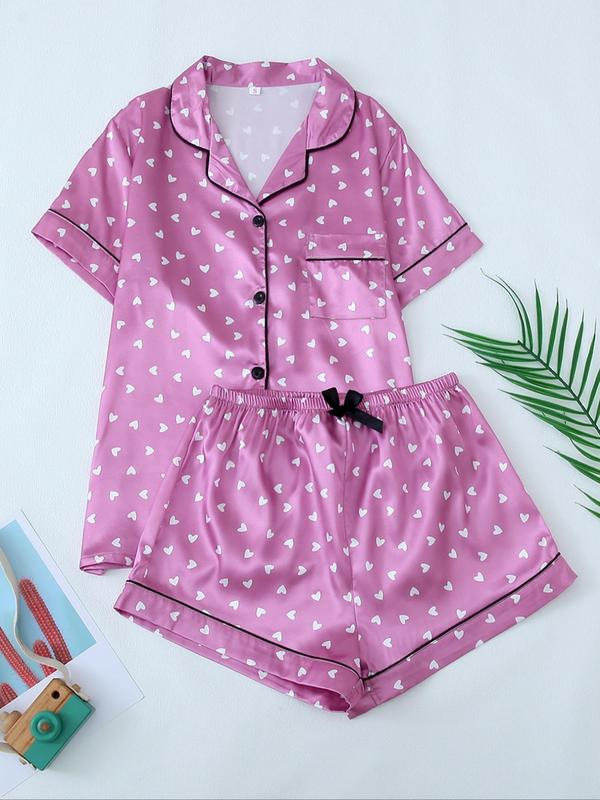 2 Counts Women's Heart Print Bow Front Pyjama Set, Casual Button Shirt & Elastic Waist Pants Soft Satin Pj Set, Summer Clothes Women, Plz Purchase A Size Up