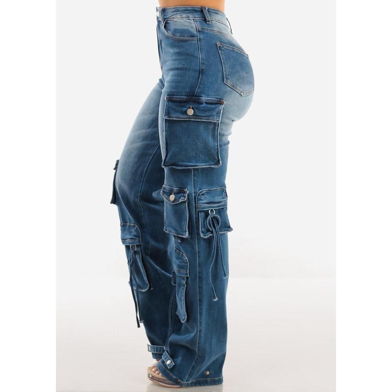 High Waisted Cargo Denim Jeans Med Wash